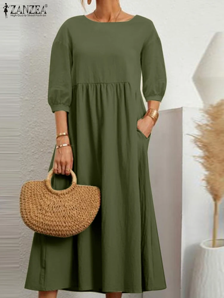 

Fashion Summer Women's Dress 2022 Causal 3/4 Sleeve O Neck Midi Vestidos Elegant Holiday Beach Sundress Female Cotton Kaftan