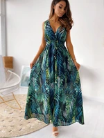 womens sleeveless long dresses summer 2022 new womens dresses fashion v neck backless printed lace up casual dresses