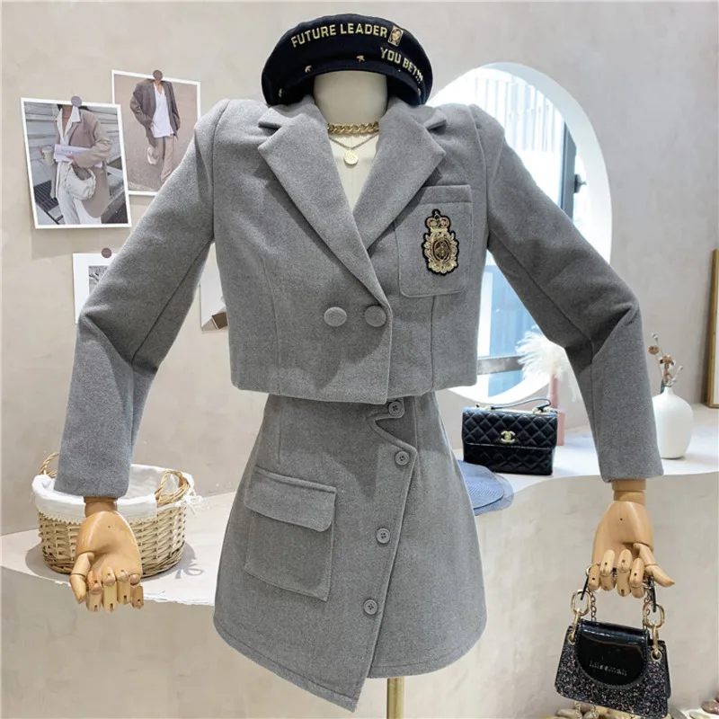 

Winter Thicken Matching Set Blazer And Skirts Women Preppy Style Two Buttons Short Blazer Asymmetrical Skirt Two Piece Set