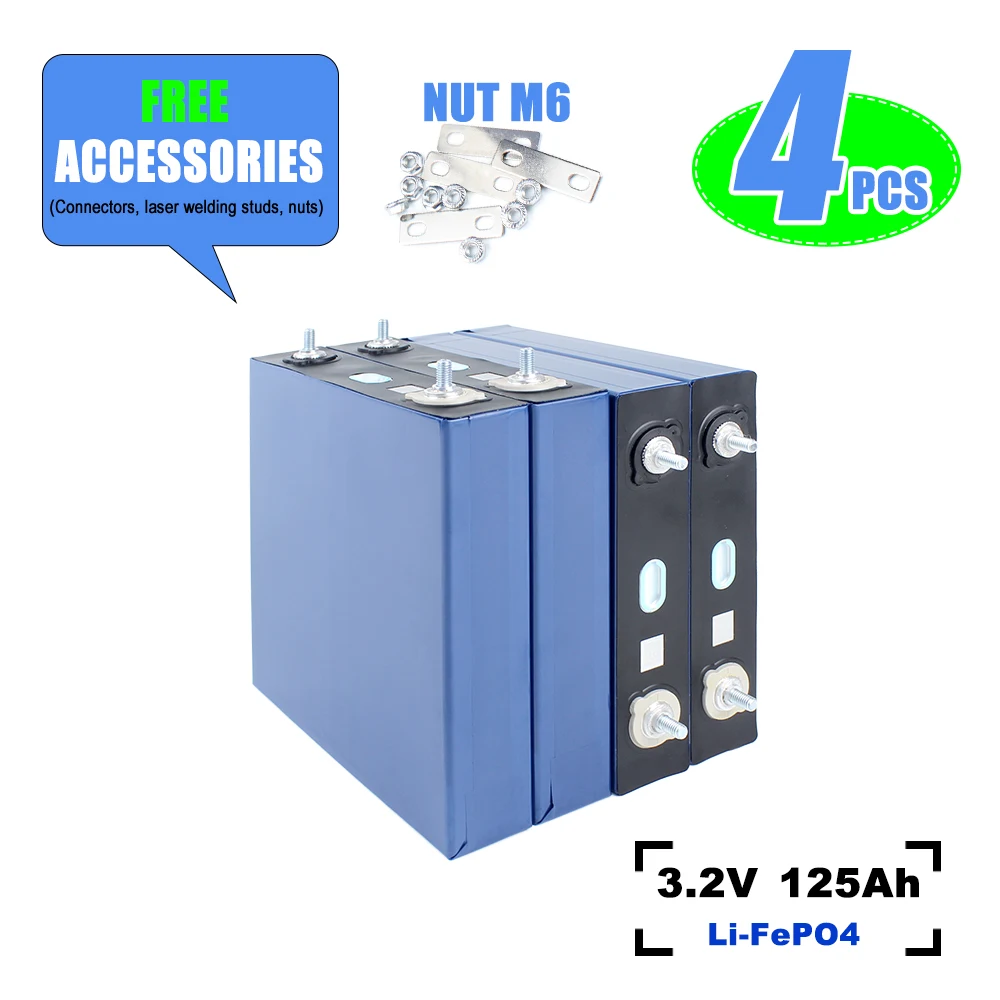 

HAKADI 3.2V 125Ah Lifepo4 Batteries, Grade A Long Cycle Life Rechargeable Battery with Busbar and Nuts for EV RV Golf Car Boat