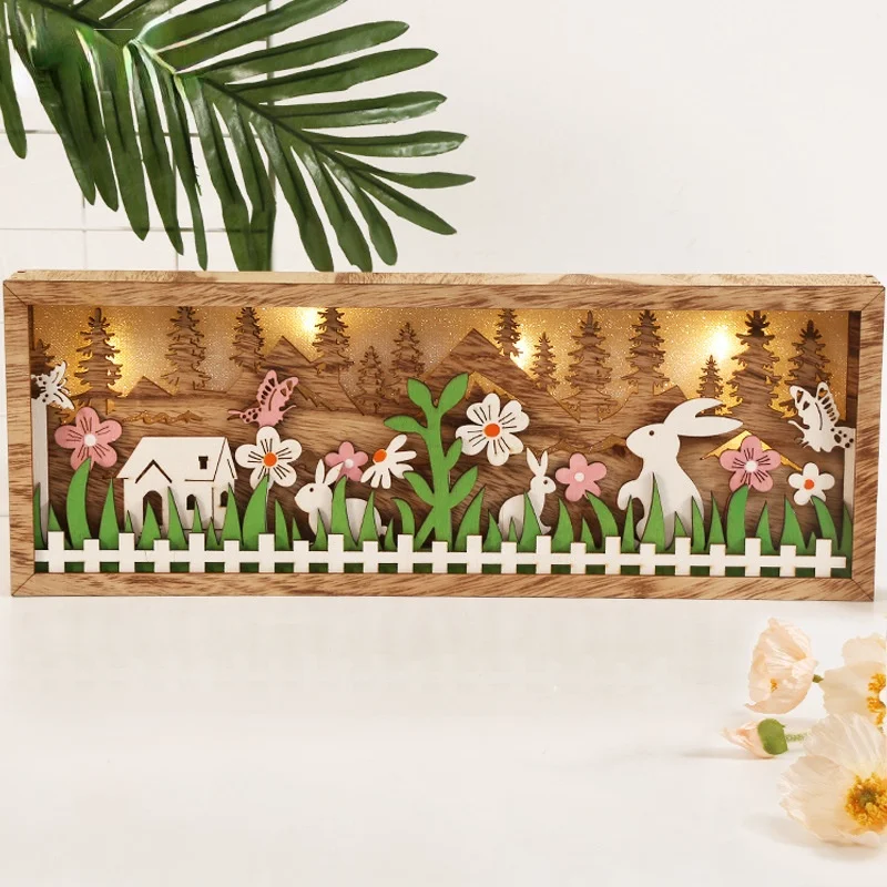 

Easter Wooden Crafts LED Light Rabbit Flower Easter Decorations for Home Party Lighting Desktop Ornament 2022 New