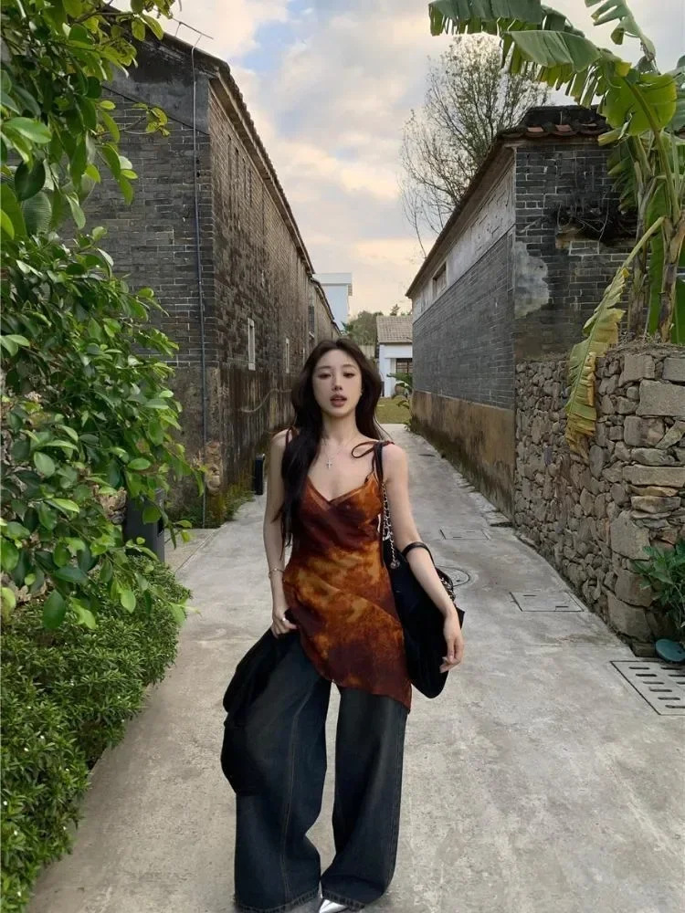 Американский ретро-майка с принтом тай-дай жилет v-образным вырезом для женщин Y2k