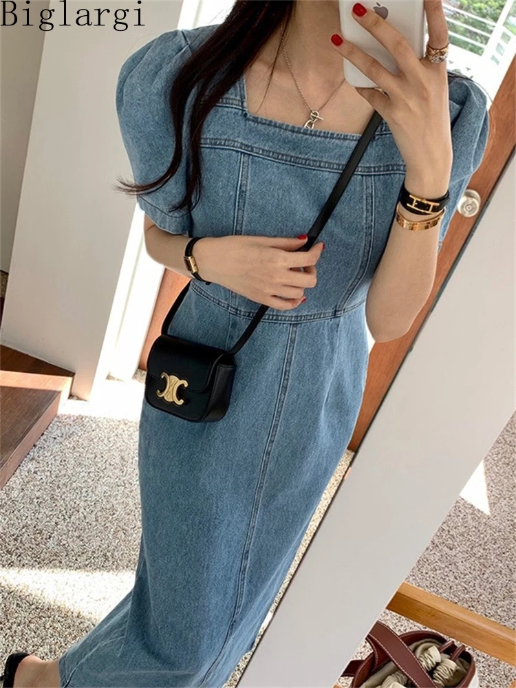 

Korea Summer Women High Waist Fashion Puff Sleeve Denim Dress New Casual A-line Office Pullover Dress Ladies Blue Long Dresses