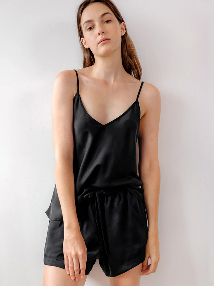 Marthaqiqi Sexy V-Neck Women'S Pajama Set Sleeveless Nightwear Spaghetti Strap Sleepwear Drawstring Shorts Femme Summer Homewear