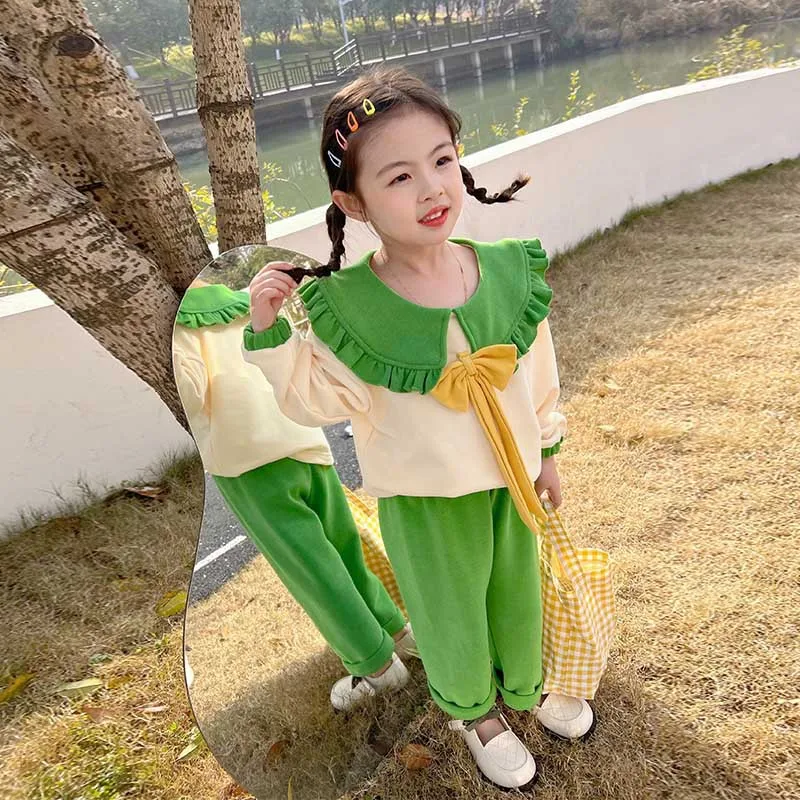 Criscky 2022 Spring Autumn Children Girl 2PCS Clothing Set Bowknot Ruffles Cotton Shirts Loose Pants Baby Girl Clothes Suit