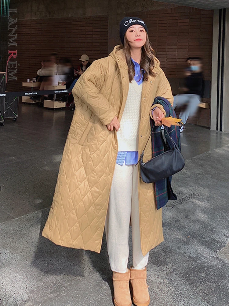 

LANMREM хаки с капюшоном длинное теплое хлопковое Стеганое пальто в клетку в Корейском стиле 2022 зимние парки на молнии Женская повседневная од...