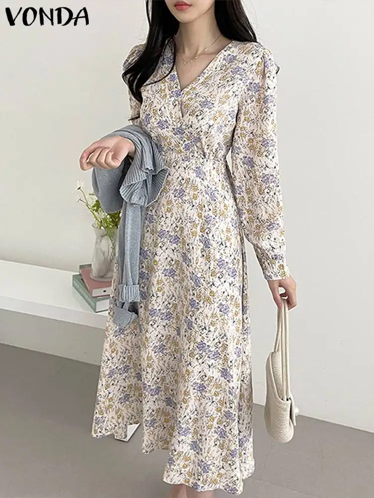 

Богемное женское платье VONDA с цветочным принтом, осень 2023, повседневный свободный сарафан средней длины с длинным рукавом, сексуальное праздничное платье с V-образным вырезом