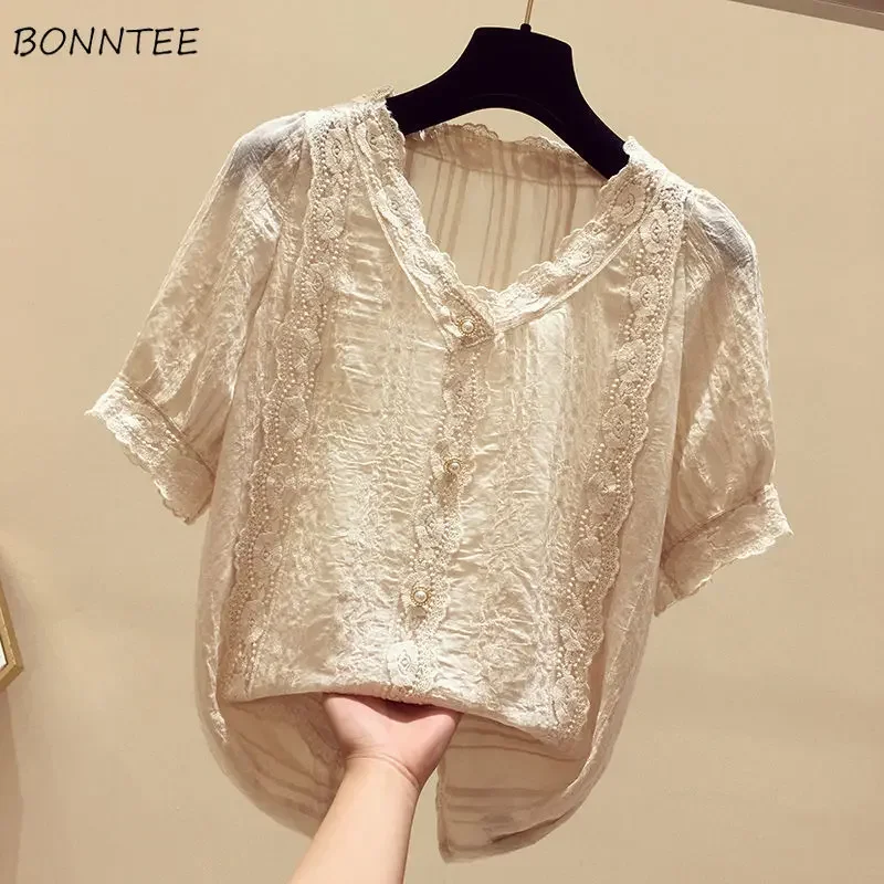 Рубашки женские с коротким рукавом кружевные однотонные v-образным вырезом