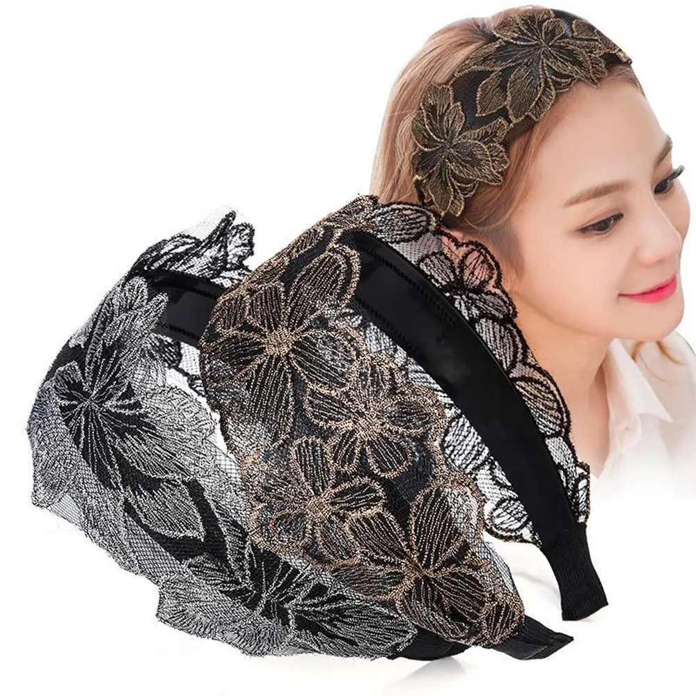 

Vintage Lace Flowers Hair Hoop Sweet Elegant Mother Headband Women Girls Wide Headband Personality Headwear Hair Accessories