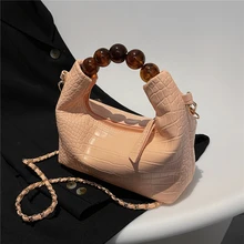 Burminsa Beaded Handle Crocodile Pattern Designer Small Handbags For Women Fashion Brand Half Moon Chain Shoulder Crossbody Bags