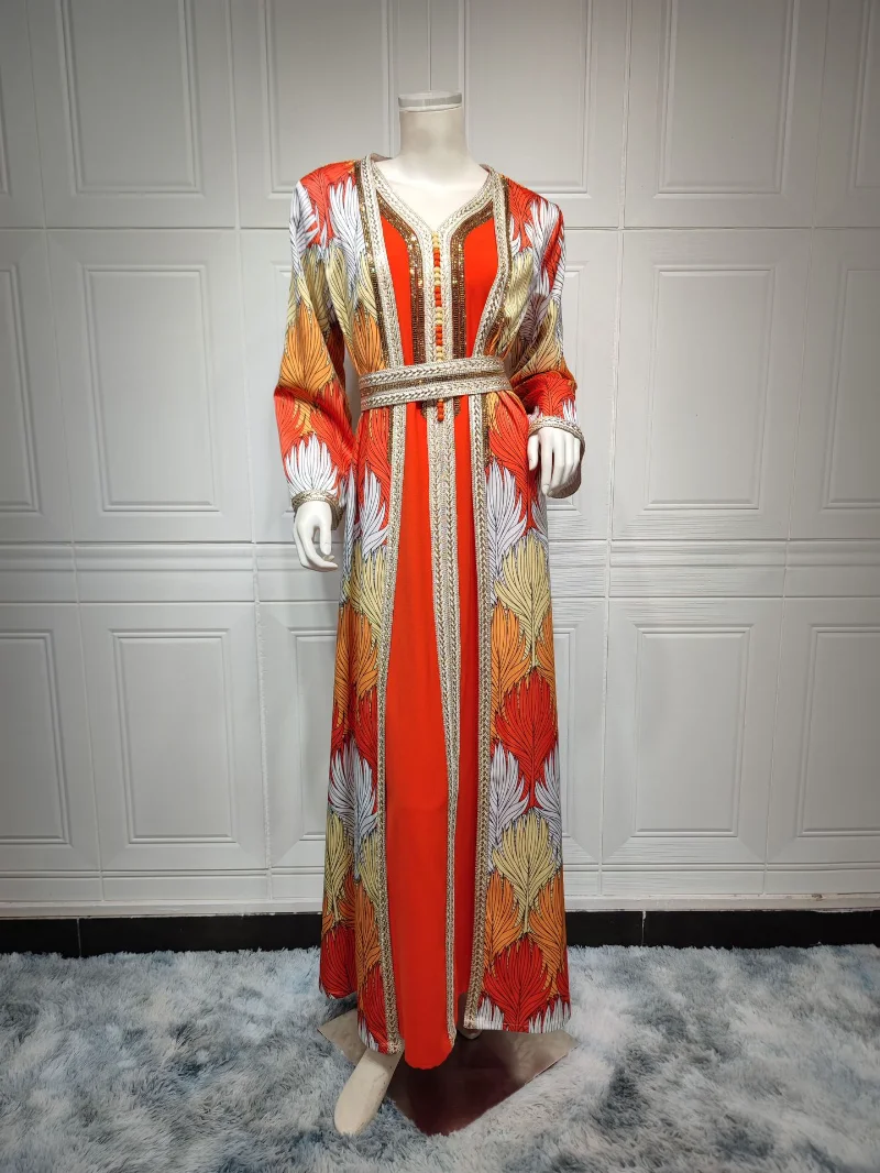 Muslim Fashion Abaya 2023 Summer Spring Muslim Women Long Sleeve V-neck Polyester Orange Long Abaya Muslim Dresses Muslim Sets