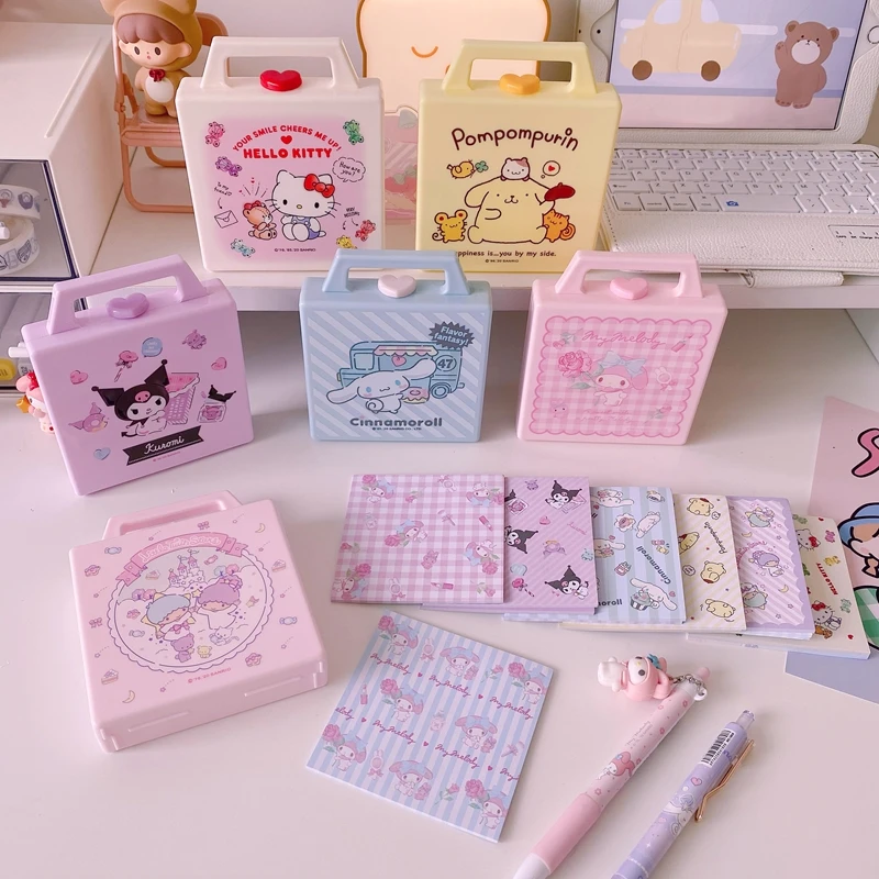 

Kawai Sanrioed Stationery Cinnamoroll Sticky Note Book Tear Melody Portable Notebook Cotton Swab Jewelry Storage Box Kuromi Memo