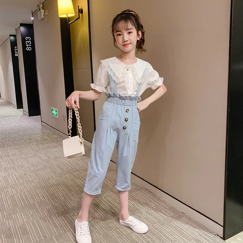 

Girls Set Summer Spring Shirt Blouse + Jumpsuit Teen Kids Clothing Children Overalls Rompers 2Pcs Suit For 8 9 12 13 14 Years