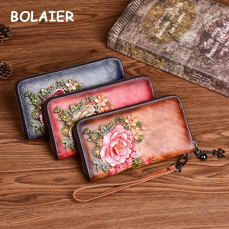 BOLAIER Leather Wallet Women's Country Style Long Clutch Vintage Coin Purses   Classic Business Style Protects Mobile Bank Cards