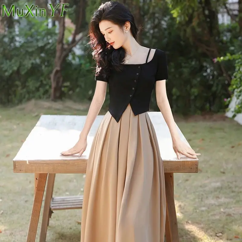 

Women's Summer Fashion Slim Black T Shirt Khaki Skirts Korean Graceful 2 Piece Dress Set Lady Short Sleeve Pleated Skirt Outfits
