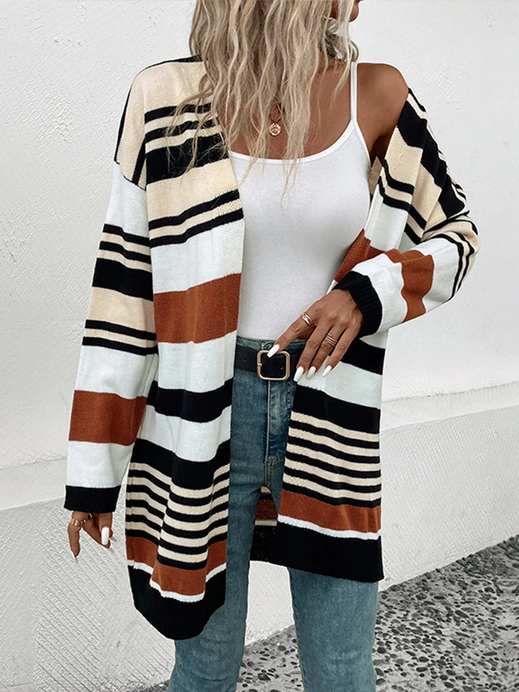Женский Повседневный Кардиган в полоску Осень-зима