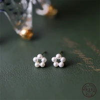 925 sterling silver korean synthetic pearl hollow flower stud earrings for women girl sweet jewelry gift