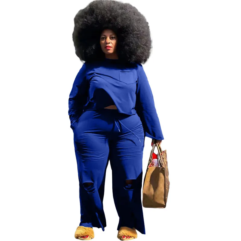 

Plus Size Sets Tracksuit Women Fall Clothes Casual Top Wide Leg Elastic Waist Pants 2022 Solid Color Wholesale Dropshipping