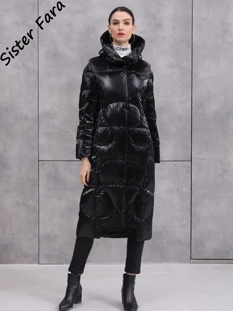 

Sister Fara Long Hooded Down Jacket Winter Women Slim Warm Knee Length Parker Down Jacket European Female Overcoat Down Jacket