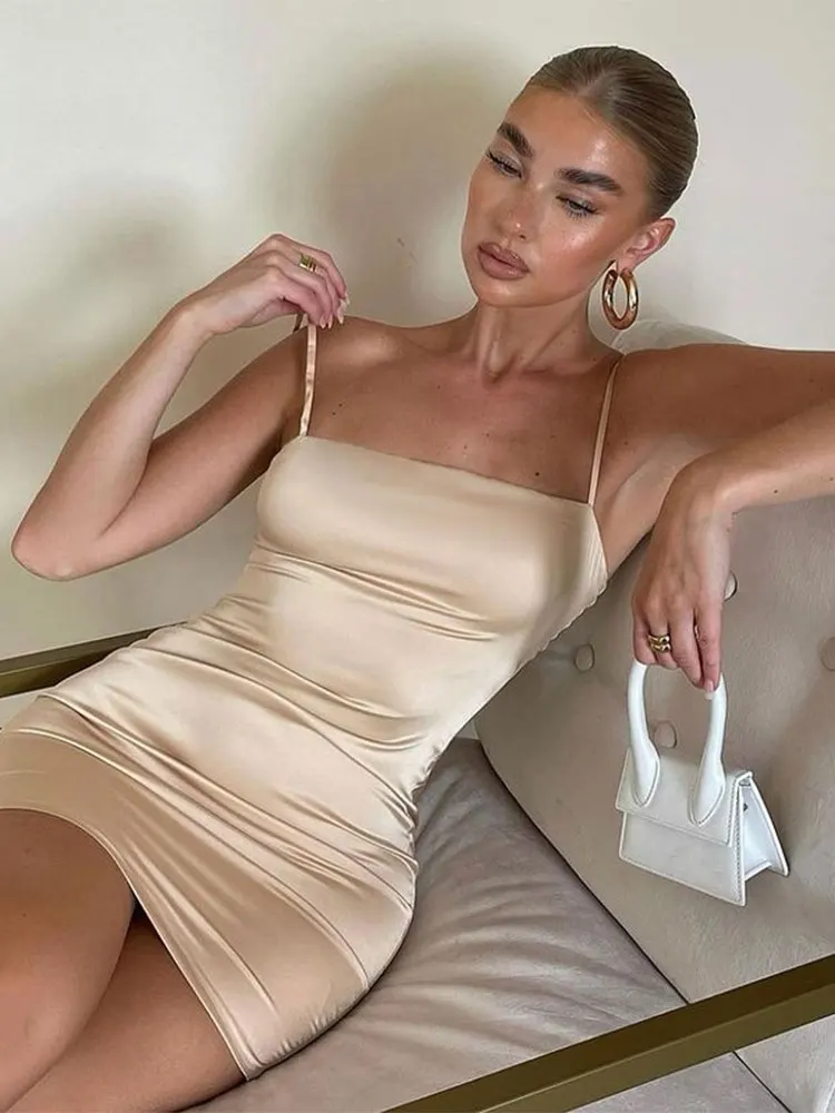 

Women Summer Party Dresses Silk Strap Female Sleeveless Mini Dresses Ruched Woman Sexy Robe Clubwear Evening Clothig Vestido