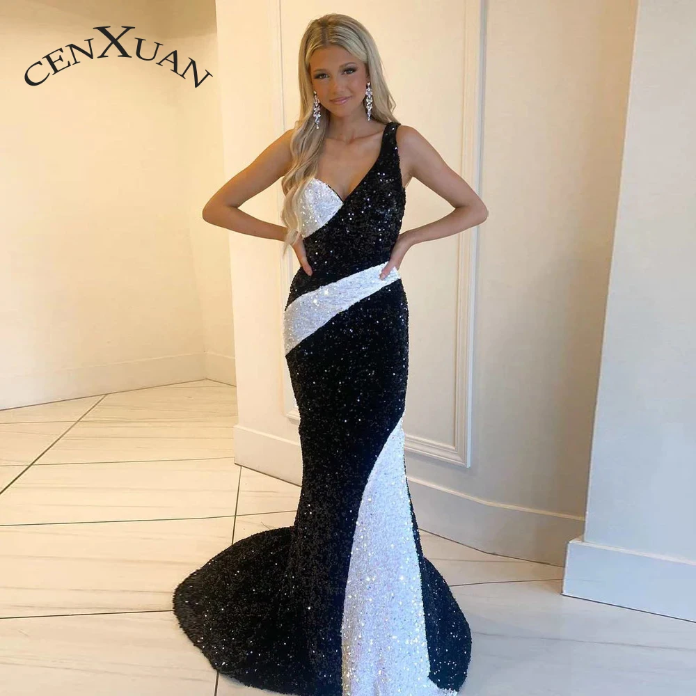 

CENXUAN Attractive One-Shoulder Party Dresses Sequined V-neck Mermaid Backless Sweep Train Vestido De Noite 2023 Personalised