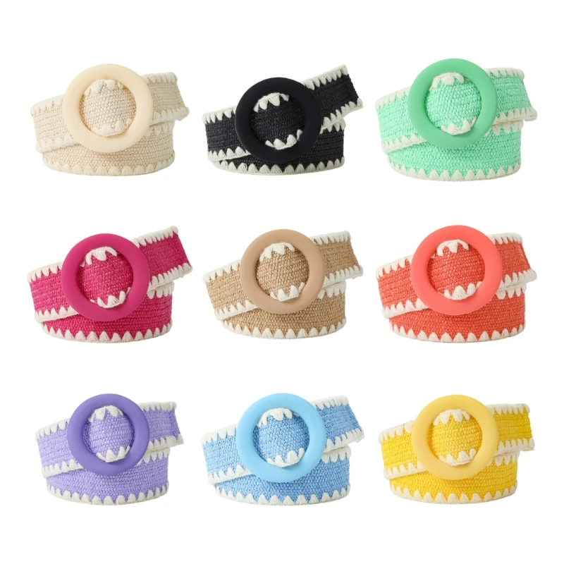 Adjustable Buckle Waist Belt Women Straw Belt Weave Braided Belt Wide Waistband Colorful Straw Color Matching Design