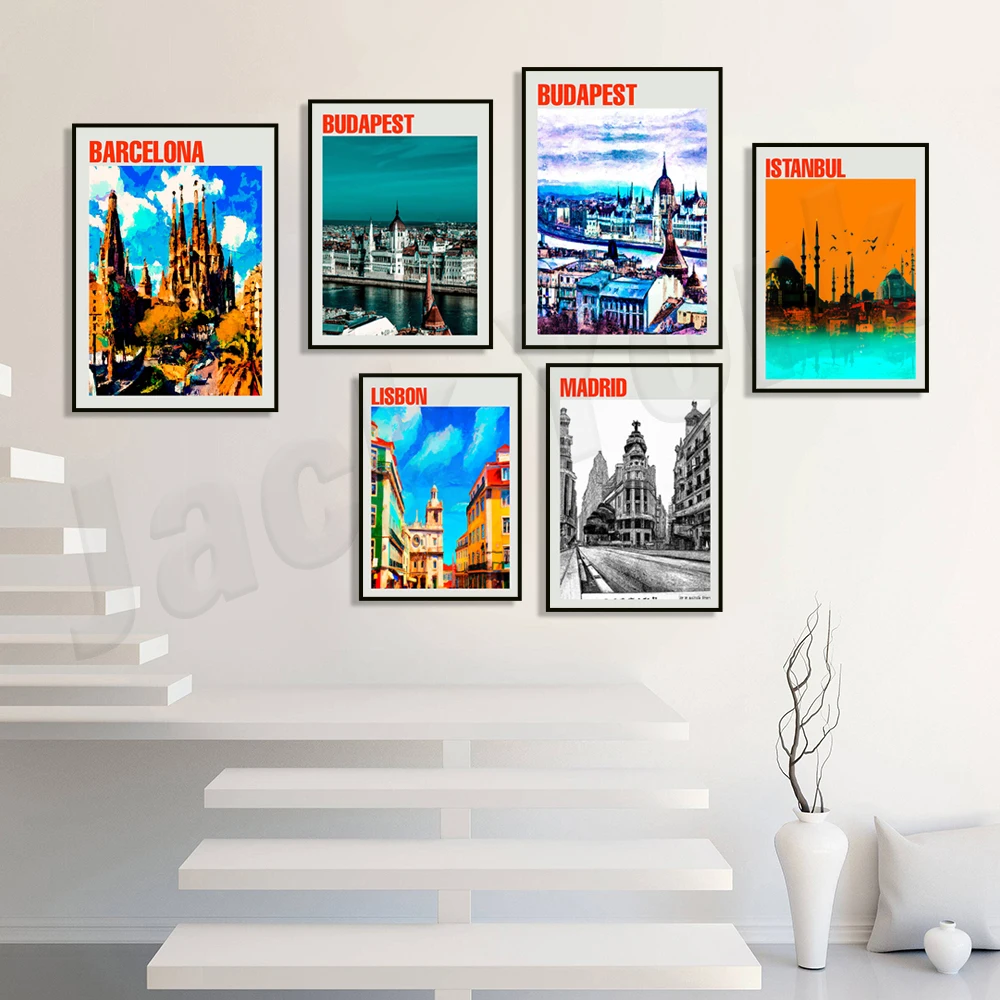 Гран Виа Мадрид, Барселона, Амстердам, Берлин, Германия, Будапешт, Флоренция, Италия, синяя мечеть амбул, Лиссабон постер для путешествий