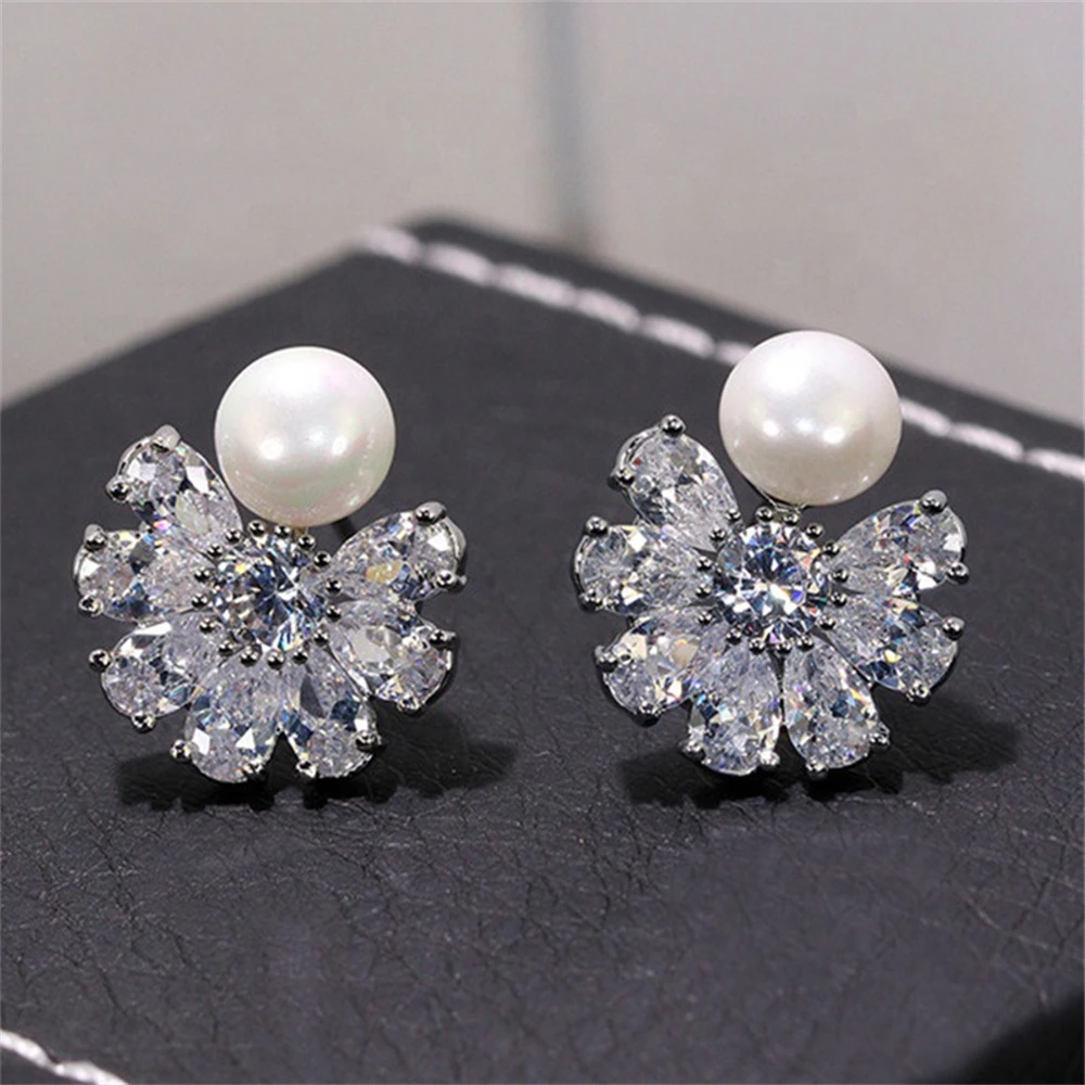 

Delicate Shiny Flower Pearl Earrings for Women Korean Style Sparkling Zirconia Stud Earrings Statement Wedding Jewelry Brincos