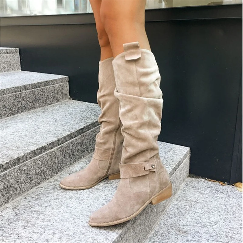 Women Boots Trend 2022 Designer Luxury Faux Suede Casual Low Heel Plus Size Women Shoes Classic Round Head Lady Knee Boots