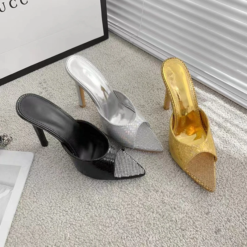 

Sexy Serpentine Pointed Toe Mule Thin Heels Slipper Women Stripper Summer Fashion Slip On Slides Party Sandal Shoes