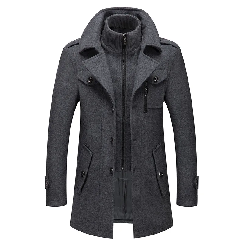 New Winter Mens Wool Blends Coats Solid Color Thick Warm Woolen Overcoat Double Neck Trench Coat Men Single Breasted Windbreaker