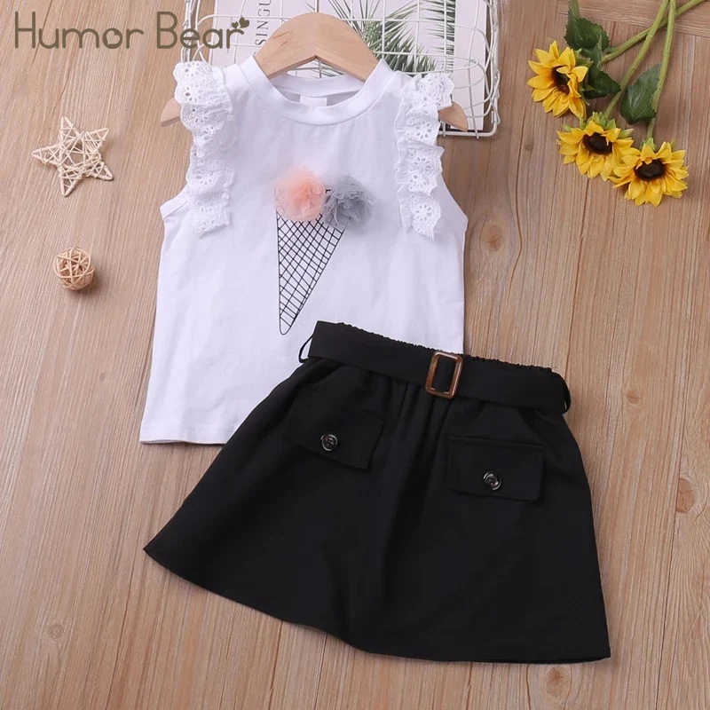 

Humor Bear Girls Clothes Set New Summer Sleeveless Cartoon T-shirt+Black Skirt 2Pcs Casual Children Clothes For 2-6 Years