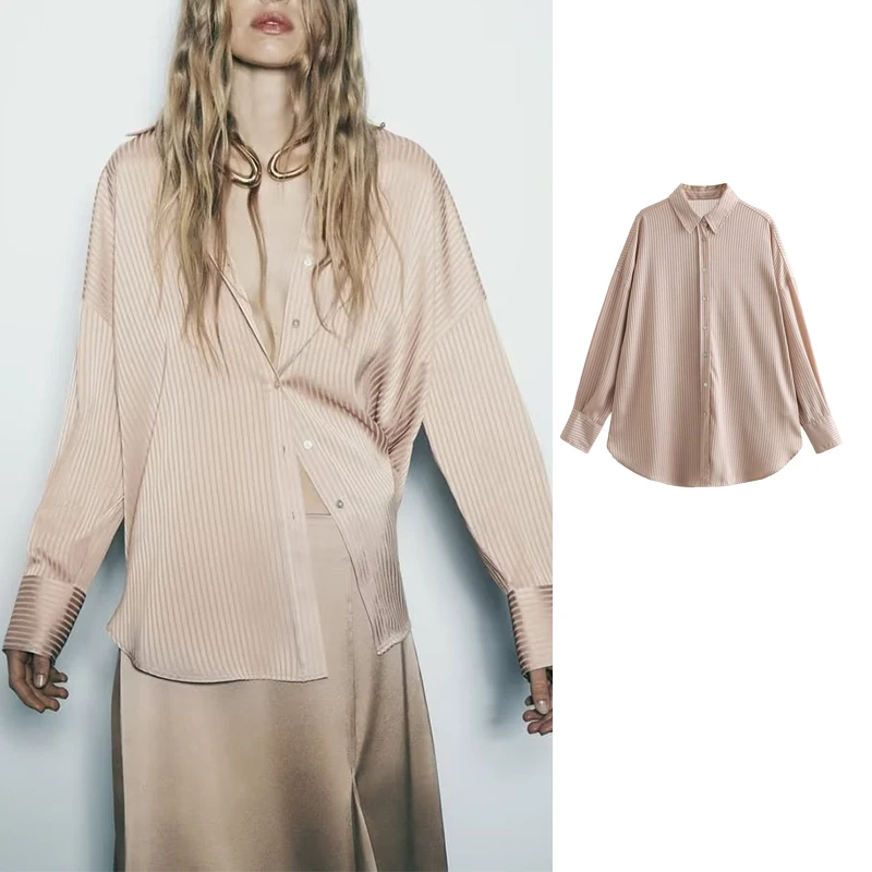 

TRAF 2023 New Women's Shirt Stripe Satin Shirts for Women Autumn Button Up Shirts Blouses Women Long Sleeve Loose Women Shirts