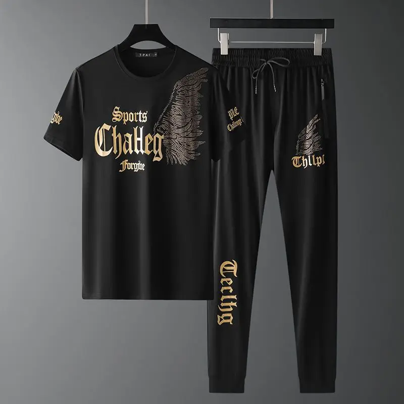 Men's Summer Personality Wings Hot Diamond Short Sleeve Pants Set Fashion Handsome Casual Sportswear Two-Piece Set