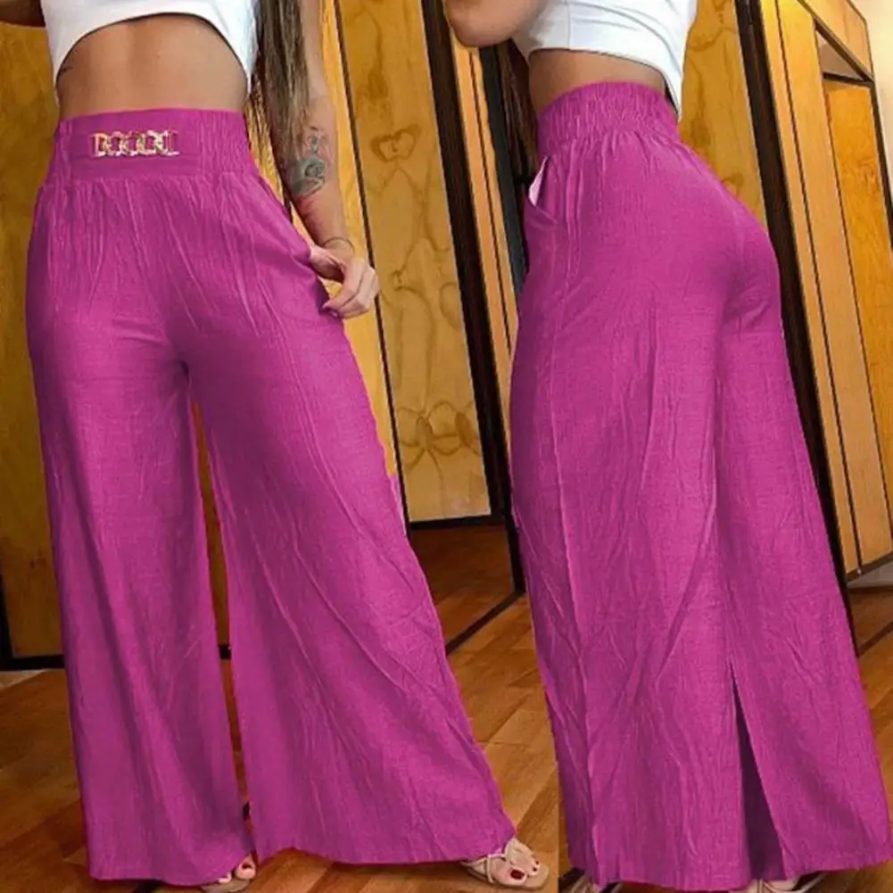 

Женские брюки с высокой талией и широкими штанинами, Длинные свободные уличные однотонные брюки-клеш с эластичным поясом