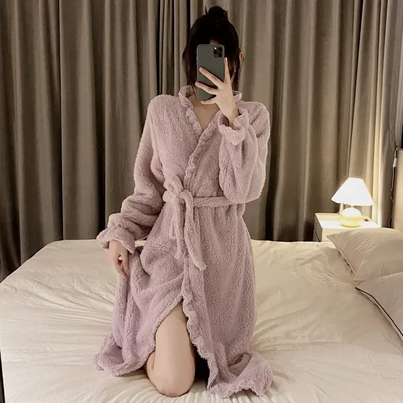 

Fleece Robe Long 2023 Sleepwear Nightdress Ruffles Wears Homewear Sleeve Women for Pajama Warm Winter Night Belt Nightgown Solid