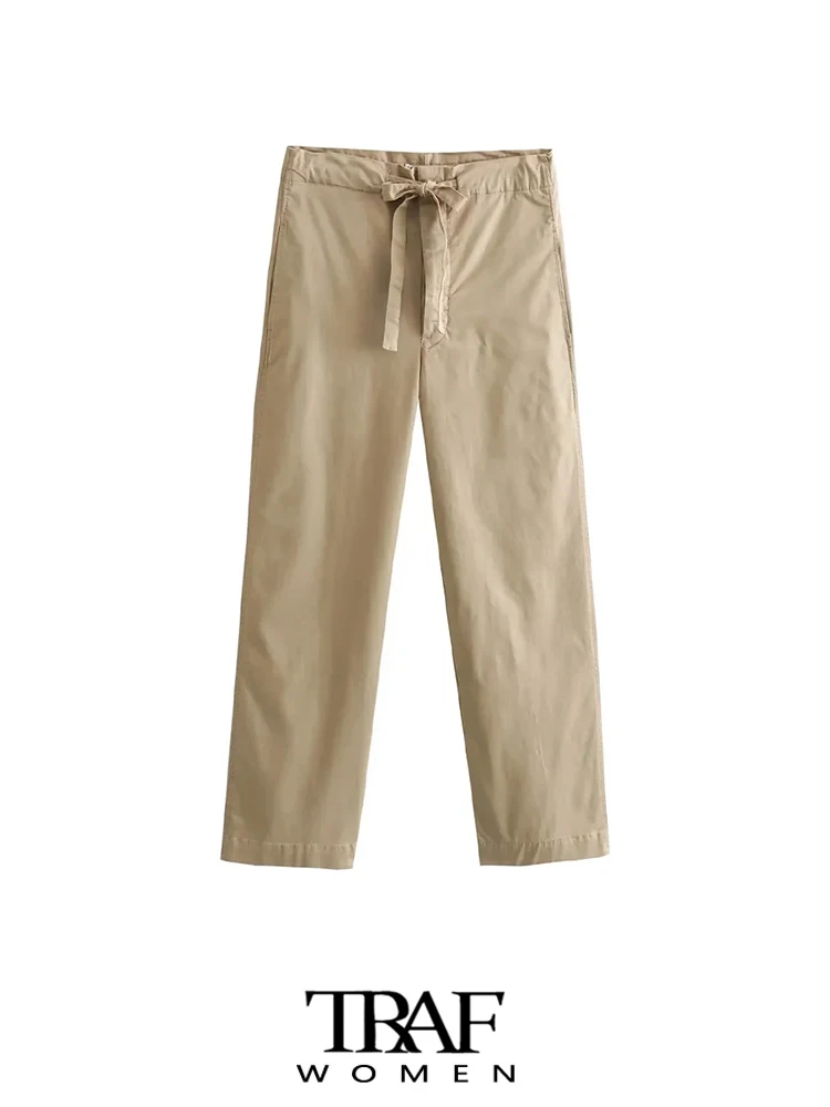 

TRAF Women Fashion Side Pockets Straight Faded Pants Mid Waist With Drawstrings Female Trousers Mujer