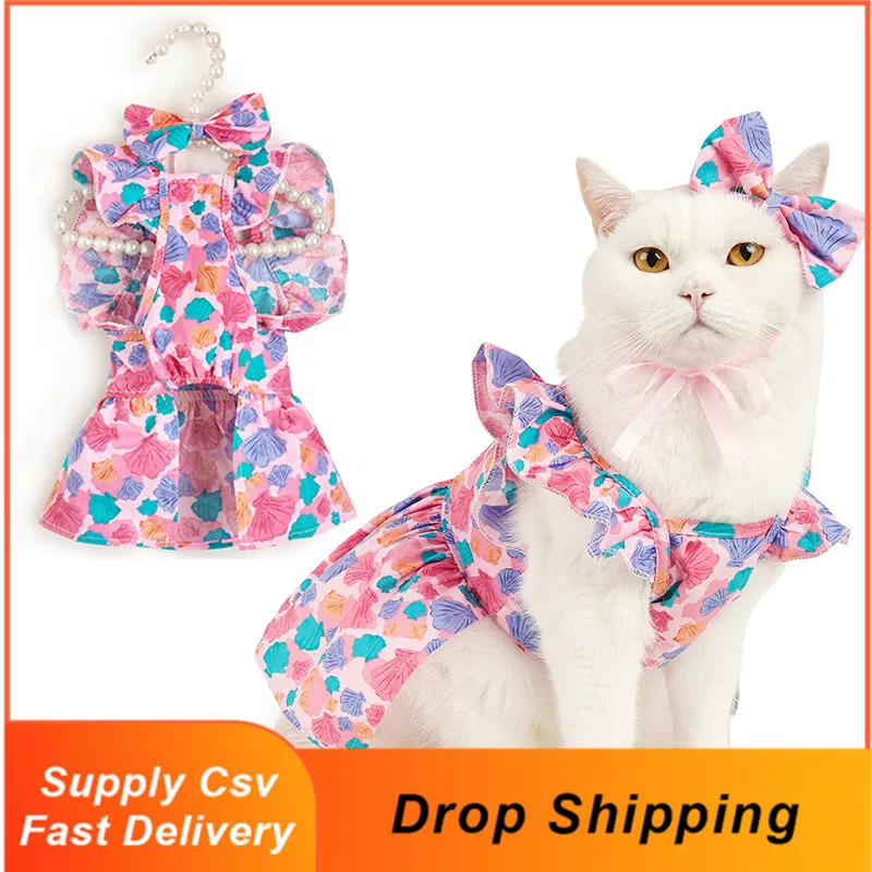 

New Sweet Cozy Cat Skirt Pet Skirt Colorful Coral Print Dog Skirt Flying Shoulder Sleeve Pet Dress Princess Style Puppy Clothes