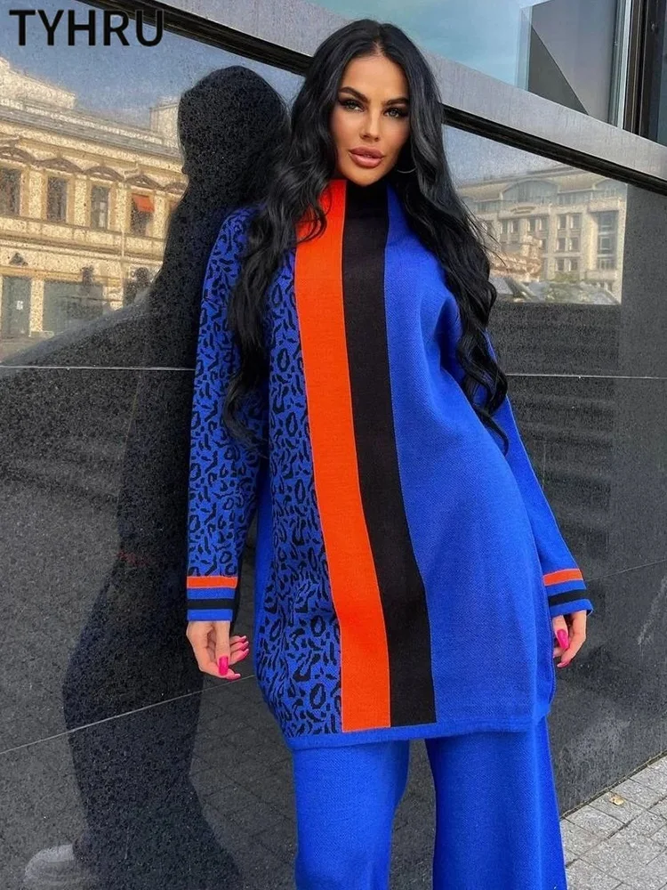 

Женские трикотажные брючные костюмы TYHRU с леопардовым принтом, Лоскутная водолазка, джемпер, свитеры и брюки с широкими штанинами, комплект...
