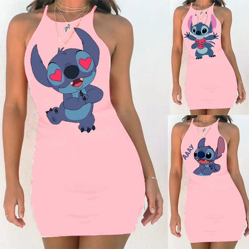 

Summer Women's Dress Disney Stitch Cartoon Dresses Pink Mini Skirt O-Neck Sleeveless Casual Evening Vestidos Girls Mujer Vestido