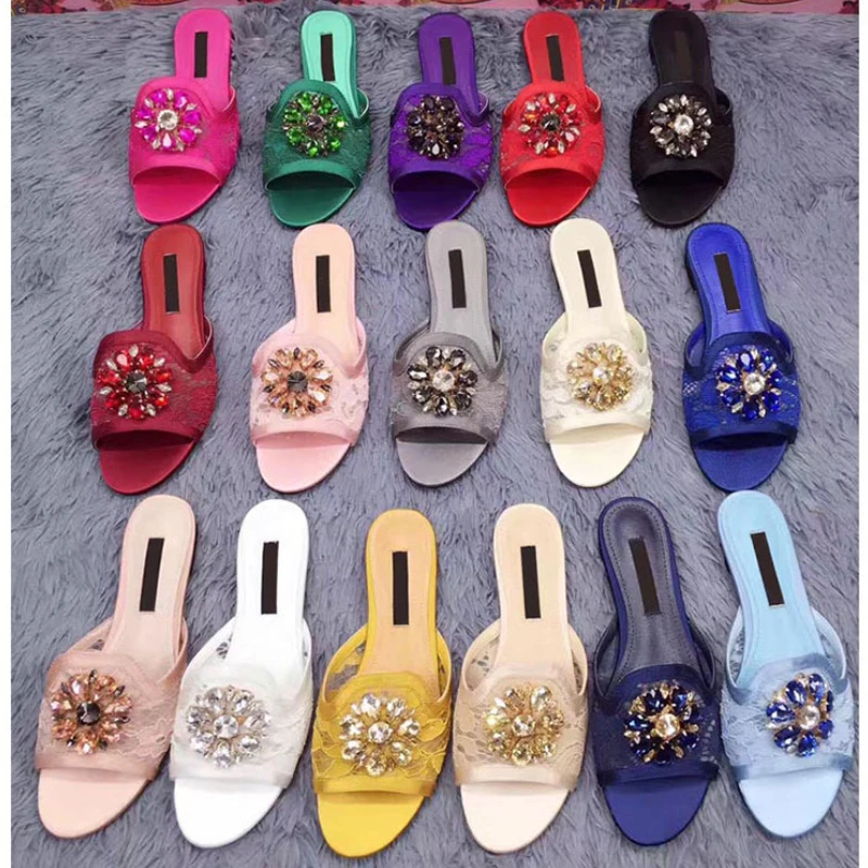 Women's Slippers 2023 Summer New Round Head Lace Low Heel Mesh Breathable Fashion Crystal Rhinestone Flat Heel Open Toe Slippers