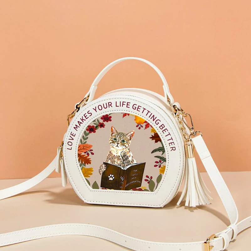 Cute Cat Women's Bag 2022 New Designer Female Student Messenger Bag Versatile Shoulder Handbag Portable Small Round Bags Girls