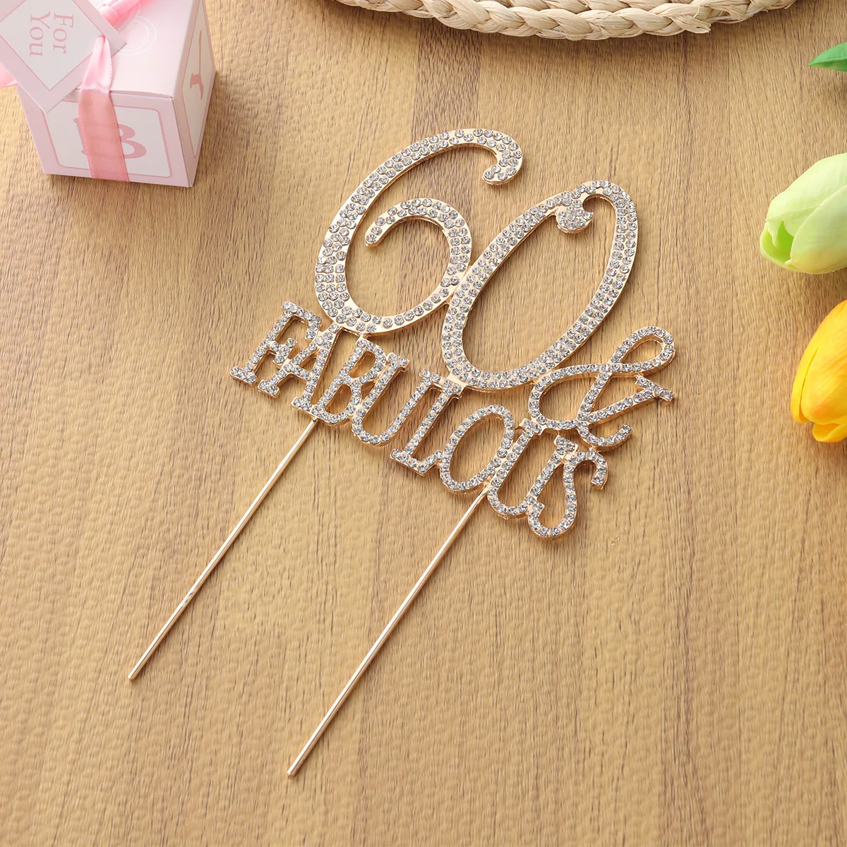 

60 & Fabulous Cake Topper Glitter Alloy Rhinestone Birthday Party Cake Pick Food Decoration Supplies (Gold)