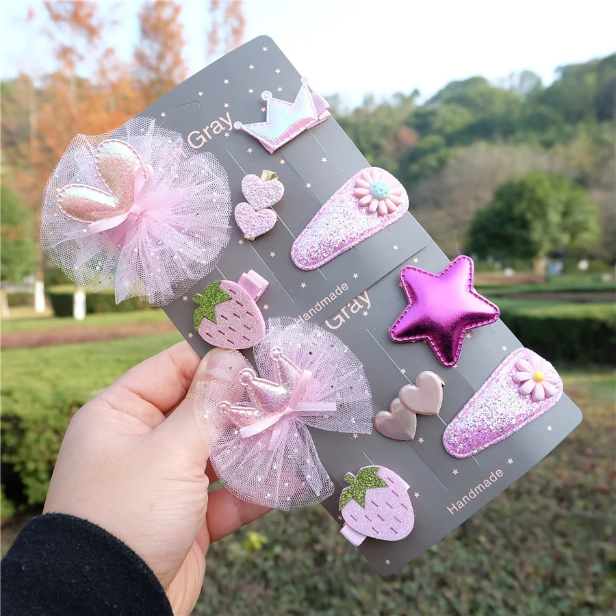 

5Pcs/Set Baby Girls Cartoon Crown Hair Clips Chlidren Cute Barrettes Strawberry Hairpins Kids Fashion Hair Accessories Moda Pink