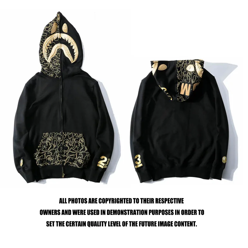 

Толстовка BAPE мужская с капюшоном, 100% хлопок, Флокированная вышивка, утепленная черная толстовка с капюшоном, на молнии, с головой акулы