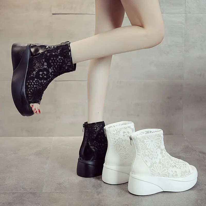 

Summer Women Leather Boots Roman Sandals Hollow High Boots Sneakers for Girls Shoes Breathable Metal Zipper Mesh Female Shoes