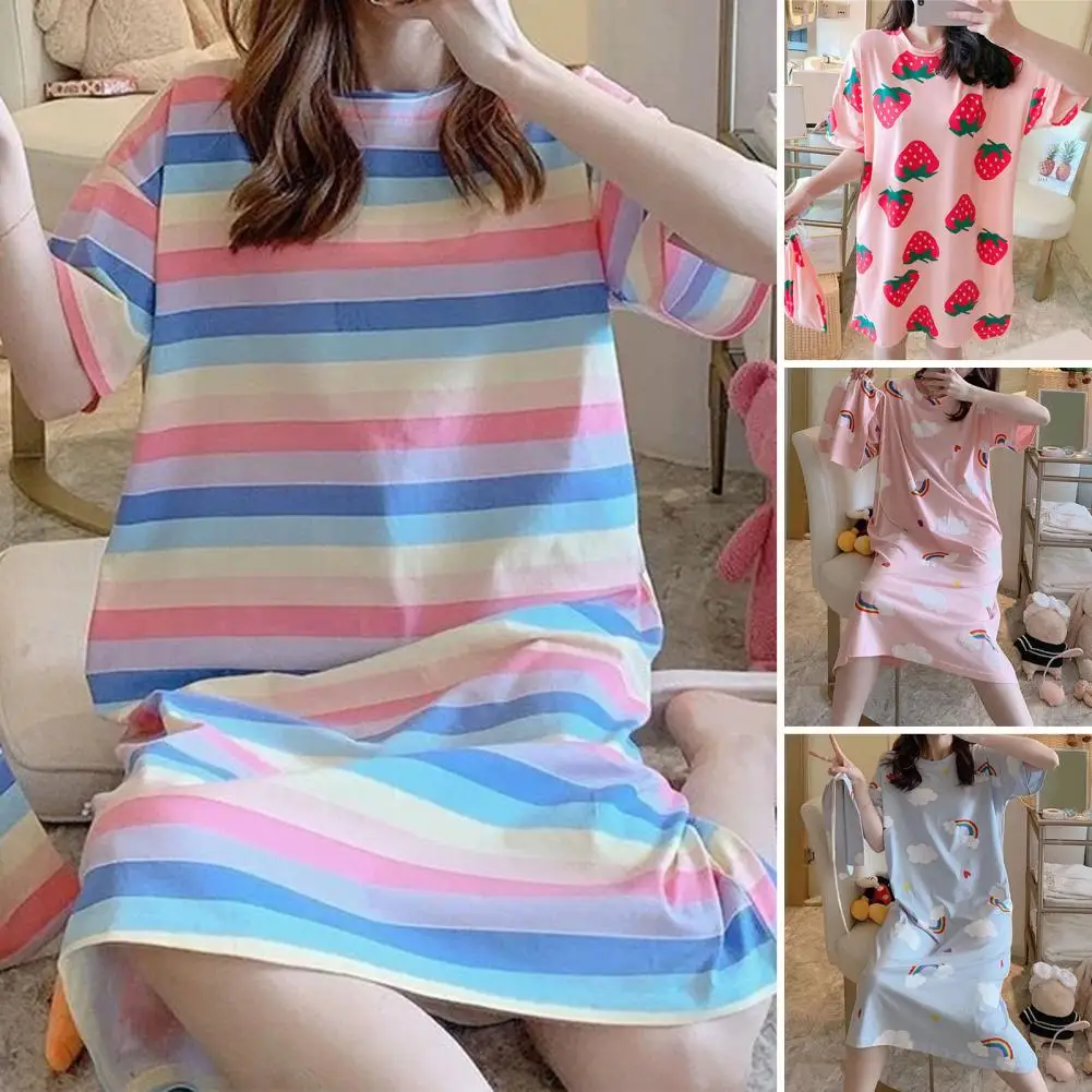 

Stylish Stripes Pattern Women Summer Nightgown Skin-touching Sleeping Dress Cloud Pattern Girls Pajama Dress Home Wear