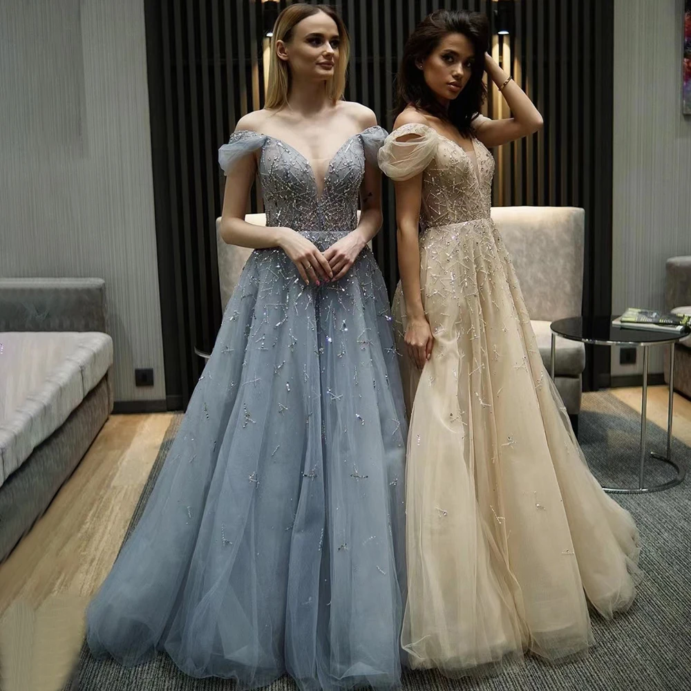 

Modern V-Neck Beading Evening Dress 2022 Off The Shoulder Boho Backless Lace Prom Gown Sparkle A-Line Tulle Robe De Soirée