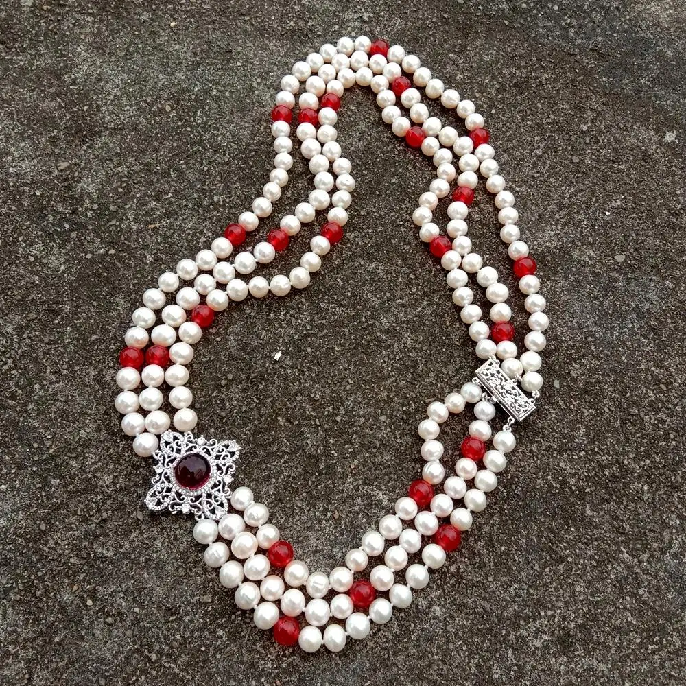 

3 Strands natural Cultured White Pearl Red Jade Necklace Cz Pave Pendant 18-20"