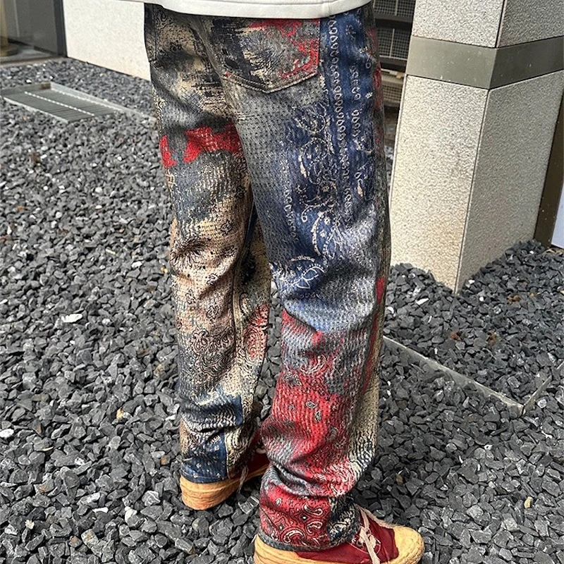 Винтажные потертые мешковатые рваные красные лоскутные джинсы для мужчин